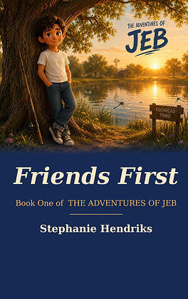 The Adventures of JEB — Friends First book cover, showing JEB beside a pond at sunset.