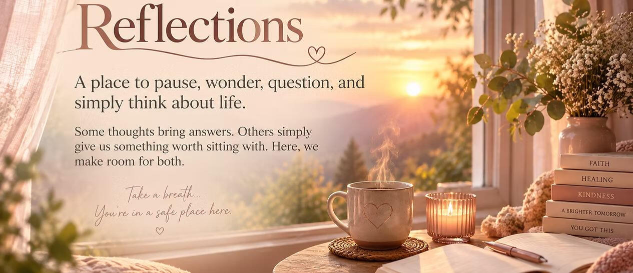 Warm sunset beside a reading nook with a cup, candle, journal, and a welcome to pause and reflect.