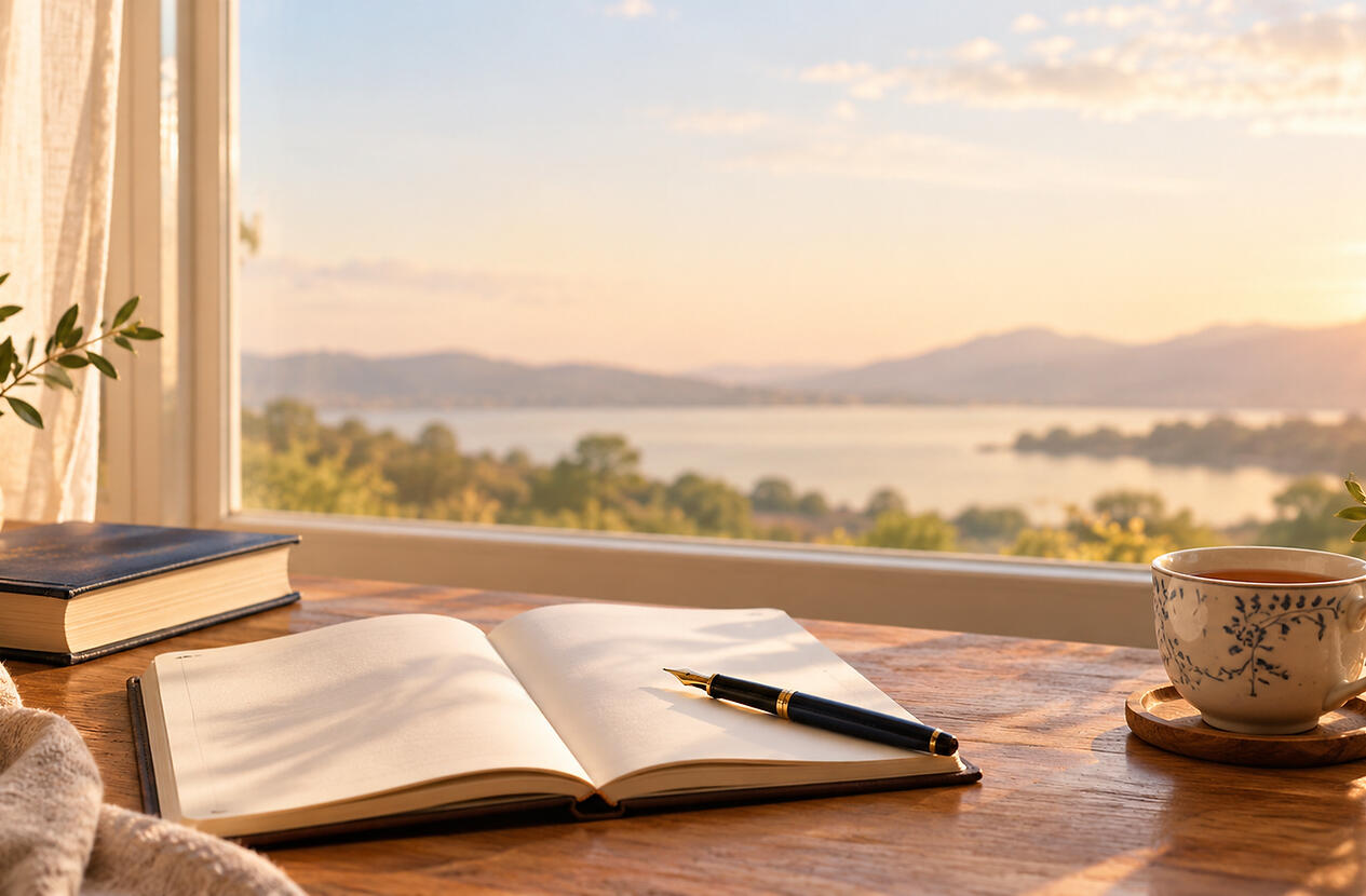 An open book and warm drink beside a sunlit window overlooking peaceful water.