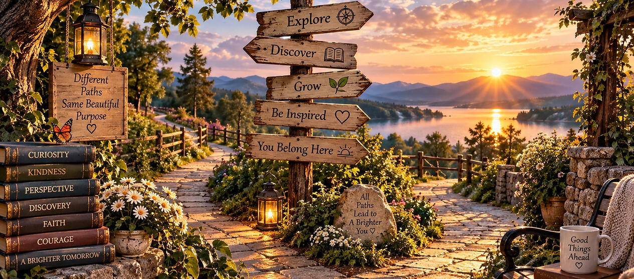 A sunset garden with a wooden signpost inviting readers to explore, discover, grow, and be inspired.