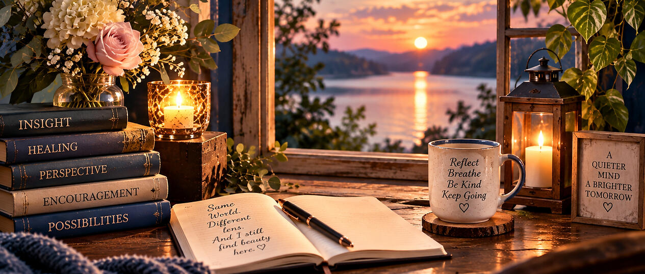 A peaceful writing desk with books, flowers, candles, and a warm drink beside a window overlooking the sunset.